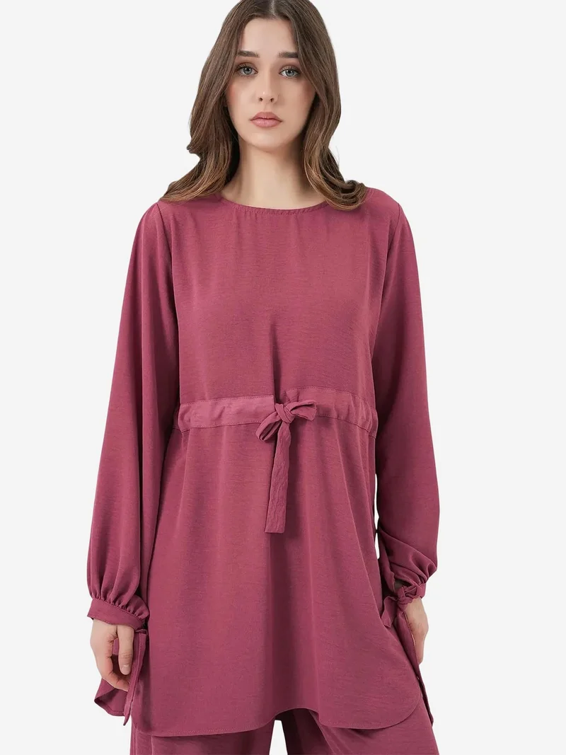 BIG DART BDART Crew Neck Tie Detail Tunic and Wide Leg Pants Set